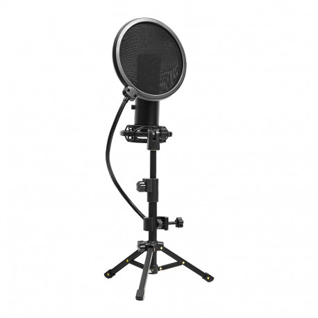LORGAR Voicer 721, Gaming Microphone, Black, USB condenser microphone with tripod stand, pop filter,