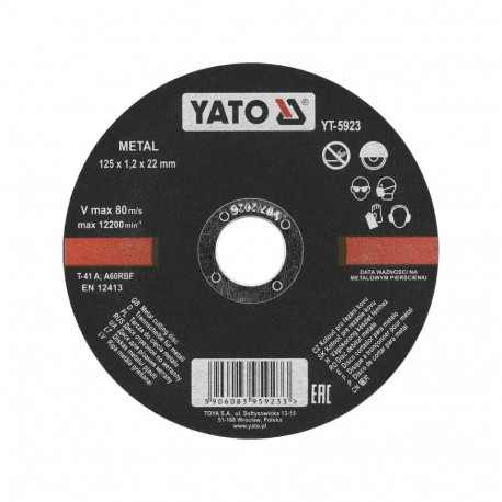 Yato Metallilõikeketas YT-5923, 125mm, 22mm, 1.2mm, 12200 p/min, 80 m/s, tasane, RBF