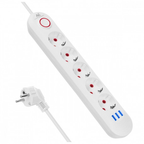 Pikendusjuhe 5 pesaga MCE395 W 3xUSB, 110-240v AC 50/60Hz, 2,1A max 2500W, valge