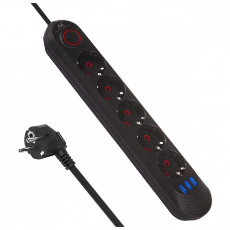 Power strip MCE395 B 5 sockets 3xUSB, 110-240V AC 50/60Hz, 2.1A max 2500W, black