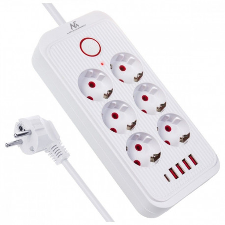 Pikendusjuhe 6 pesaga, MCE389 W 4xUSB-A 1xUSB-C 110-240V, AC 50/60Hz, 2.1A max 2500W valge