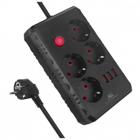 Pikendusjuhe MCE393 B 4 pesaga 3xUSB 110-240V AV 50/60Hz 1A max 2500W 3m must