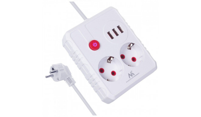 Power strip, MCE388 W, 2 sockets 3xUSB, 110-240V AC 50/60Hz, 2.1A max 2500W, 3m white