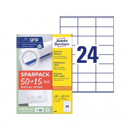 Kleebisetikett AVERY Zweckform Ultragrip 70x36mm 50+15 lehte (6602)