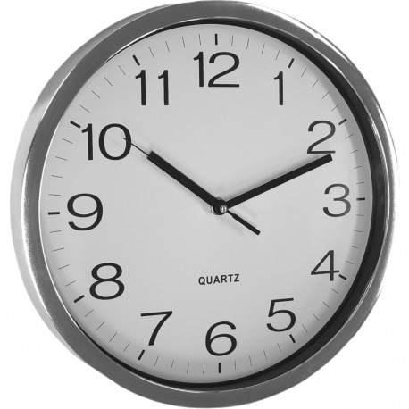 Wall clock, diameter 31cm, silver frame and black numbers