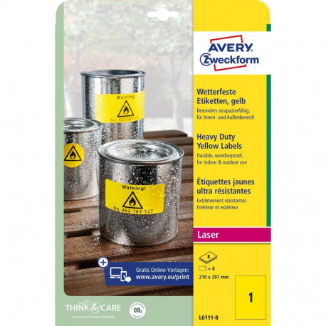 Sticker label made of polyester film weatherproof AVERY Zweckform 210x297mm 8 sheets yellow (L6111-8