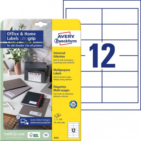 Kleebisetikett AVERY Zweckform Ultragrip 97x42,3mm 10 lehte (611.903)