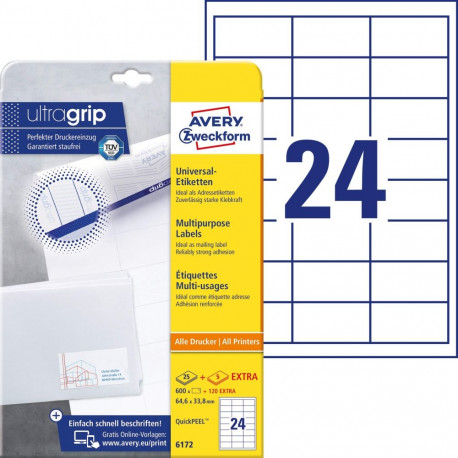 Sticker label AVERY Zweckform Ultragrip 64.6x33.8mm 25+5 sheets (6172)