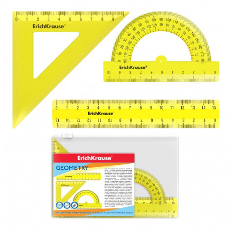 Plastic small geometry set ErichKrause® Neon (ruler, square, protractor), yellow, in zip pocket