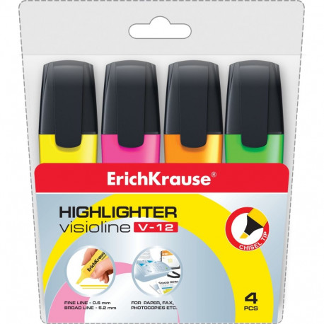 Highlighter  ErichKrause® Visioline V-12, colors: orange, pink, green, yellow (pouch 4 pcs.)