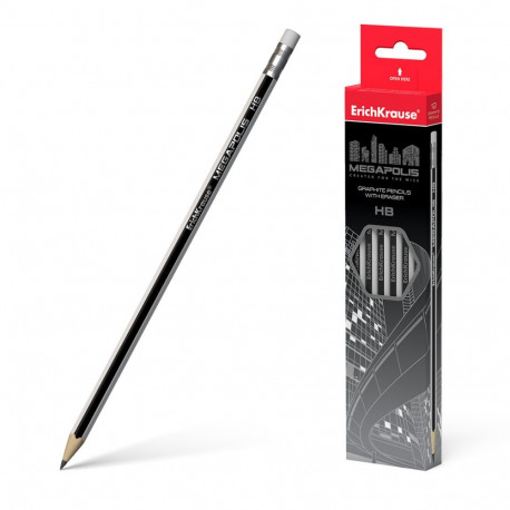 Graphite hexagonal pencil with an eraser ErichKrause® MEGAPOLIS HB (in box 12 pcs.)