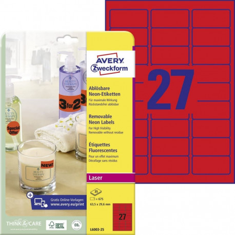 Sticker label AVERY Zweckform 63,5x29,6mm 25 sheets removable neon red (L6003REV-25)
