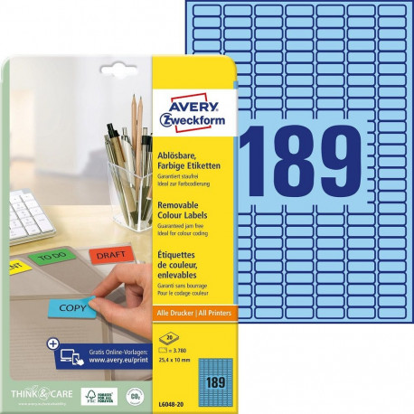 Sticker label removable AVERY Zweckform 25.4x10mm on 189 sheets in a pack of 20 sheets blue (L6048-2