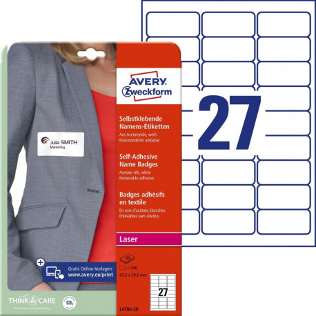 Nimesilt kleebitav tekstiilile AVERY Zweckform 63,5x29,6mm 20 lehte (L4784-20)