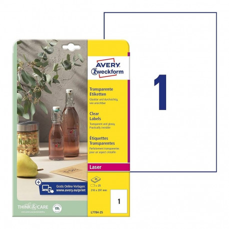 Kleebisetikett läbipaistvast polüesterkilest AVERY Zweckform 210x297mm 25 lehte (L7784-25)