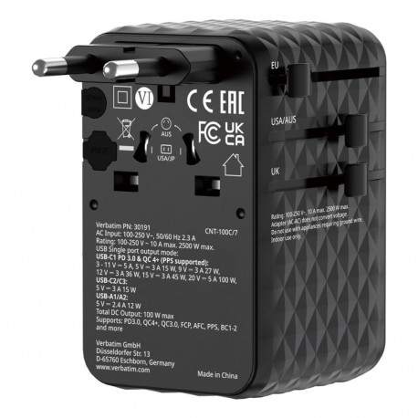 Verbatim Charge 'n' Travel 100W Universal Travel Adapter with retractable cable Black