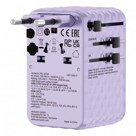 Universal travel charger Verbatim 100 W purple