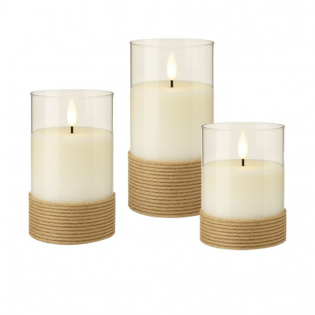 Goobay Set of 3 LED Real Wax Candles in Glass, White, Wrapped with Hemp