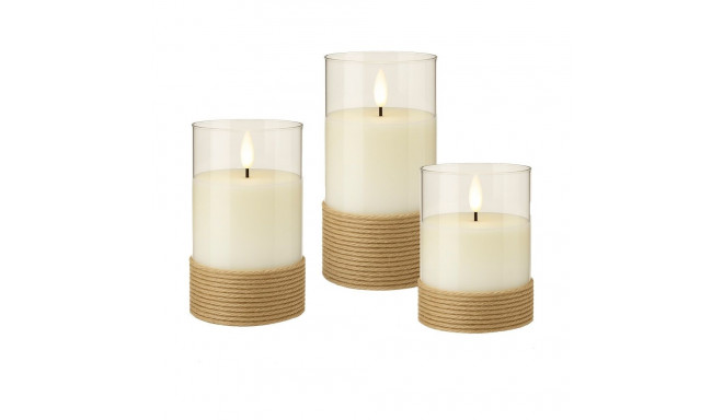 Goobay 3-osaline LED pärisvahast küünalde komplekt klaasis, valge, kanepiga ümber mähitud