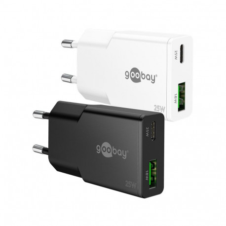 Goobay 25 W USB-C PD GaN valge õhuke kahe pordiga kiirlaadija