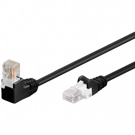 CAT 5e Network cable, 90° angled, U/UTP 1x 90° RJ45 plug (clip up-angled) / 1x straight black 0.50m