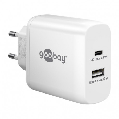 USB-C PD Dual-Schnellladegerät 45 Watt (weiß, 1x USB-A, 1x USB-C PD, GaN-Technologie)