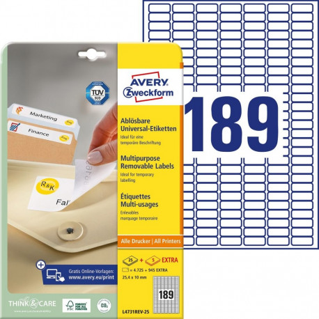 Sticker label AVERY Zweckform 25.4x10mm on 189 pages, 25 pages removable (L4731-25)