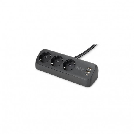 Digitus 3-way office socket strip with 2x USB-A and 1x USB-C connections, black