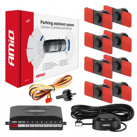 Zestaw czujników parkowania cofania buzzer 8 sensorów czarne wewnętrzne 16,5 mm amio-02254