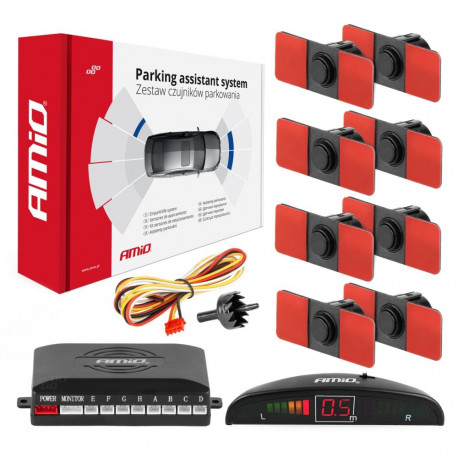 Zestaw czujników parkowania cofania led 8 sensorów czarne wewnętrzne 16,5 mm amio-02256