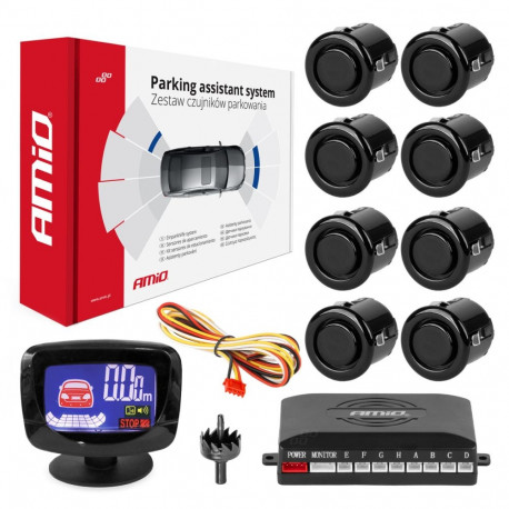 Zestaw czujników parkowania czujniki cofania led graf 8 sensorów czarne gold 18 mm amio-01605