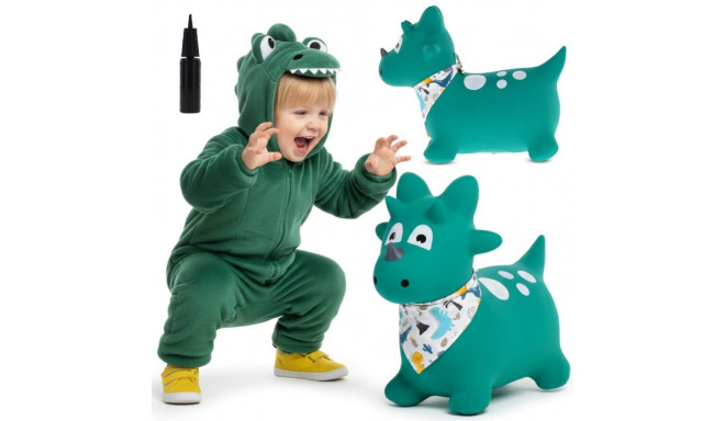Skoczek gumowy dla dzieci DINO 59 cm zielony z bandaną do skakania z pompką