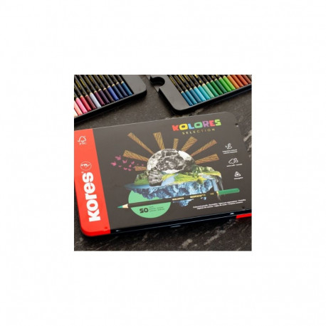 Värvipliiatsite komplekt KORES KOLORES, metallkarbis, 50 tk.