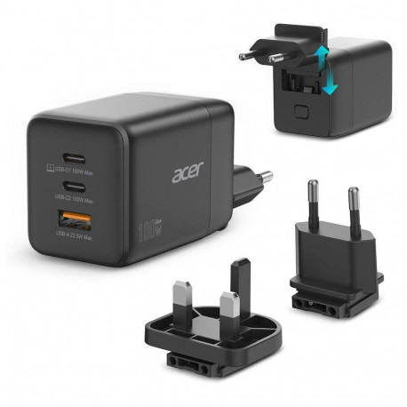 "Acer GaN 100w 2 x USB-C + 1x USB-A ports. black"