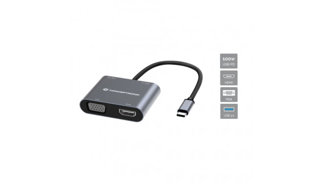 "CONCEPTRONIC 4-1 Dock USB-C->HDMI.USB3.0.VGA.100WPD 15cm gr"
