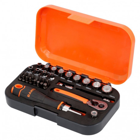 Bahco 1/4" Square Drive Socket and Bit Set with Metric Hex Profile and Ratcheting Bit Holder - 34 Pc