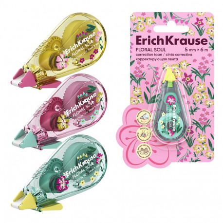 Correction tape ErichKrause Floral Soul, with printing on a case, 5mm x 6m, assorted (blister 1 pcs)