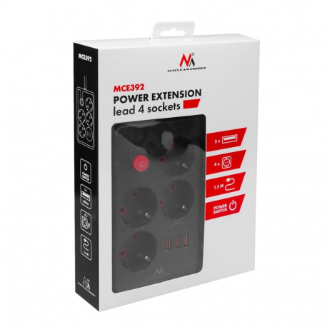 Maclean 4-pesaline pikendusjuhe + 3xUSB, 110-240V AC 50/60Hz, 2.1A max 2500W, 1.5m, must, MCE392 B