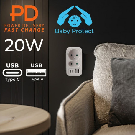 Current socket x2 + 4xUSB Maclean, jagaja 2 pistikupesaga, 2xUSB A, 2xUSB C PD 20W, 1x16A + 1x6A, MC