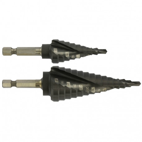 HSS step drill bits 2pcs - TiAlN coated - Helical - Split point - Hexa shank (Hanging box) / ØMin/Ma