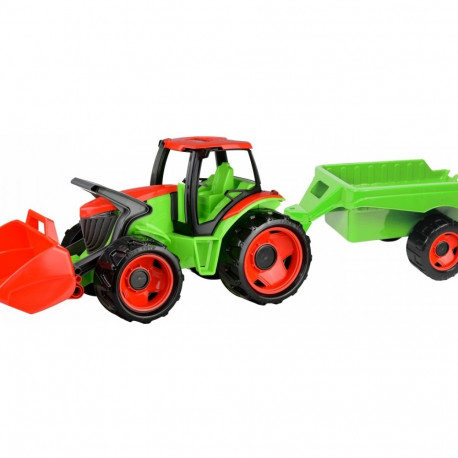 A heavy-duty red and green agricultural tractor featuring a front-loading shovel and a match
