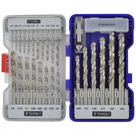 Tivoly metallipuuride ja süvisti komplekt – 26-osaline Ø2–13 mm + Ø16,5 mm süvistaja, "split point" 