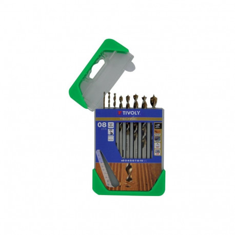 Tivoly Speed-Point Wood Drill Bit Set – 8-Piece Ø2–10 mm, Tri-Flat Shank, HSS, Depth-Control Graduat