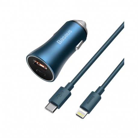 Baseus Golden Contactor Pro car charger, USB + USB-C, QC4.0+, PD, SCP, 40W (blue) + USB-C - Lightnin