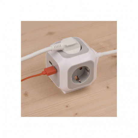 ALEA-Power 4-fach Steckdosenwürfel (hellgrau/weiß, 1,4 Meter, 2x USB-A)
