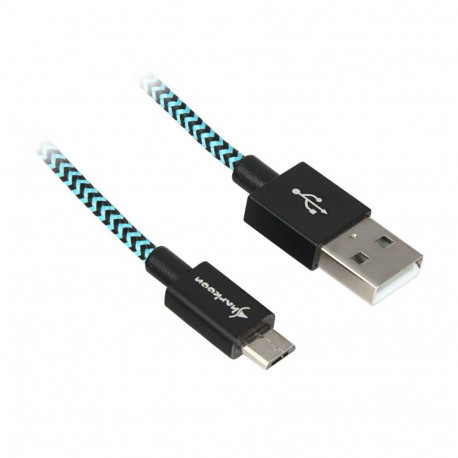 USB 2.0 Kabel, USB-A Stecker > Micro-USB Stecker (schwarz/hellblau, 3 Meter, gesleevt)