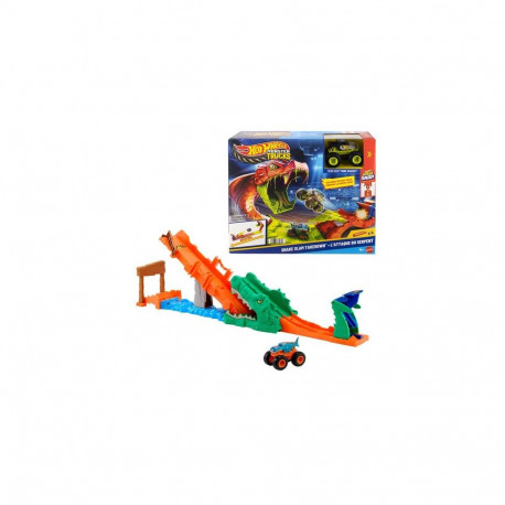Hot Wheels Monster Trucks Crocodile Crash Challenge Playset &amp; 1:64 Scale Mega-Wrex Toy Vehic