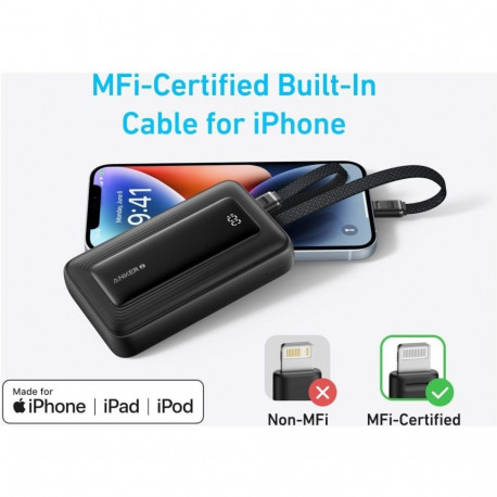 Akupank Anker 10 000mAh, 30W, USB-C + Lightning kaabel, must