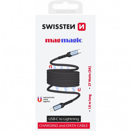 Swissten Magnetic Self-Winding USB-C / Lightning Data Cable 1m