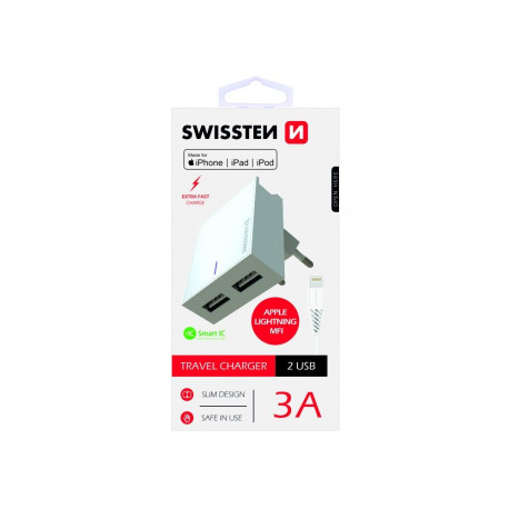 Swissten MFI Apple Certified Travel Charger USB 3А / 15W With Lightning Cable 1.2m